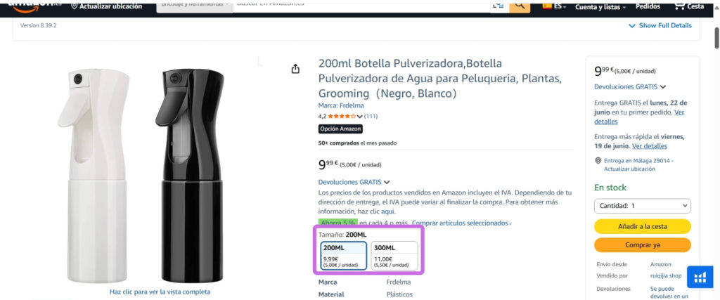 Listing con variantes analizado por helium 10